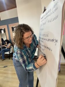 Kelly Ryan wearing glasses, a blue checkered blouse and blue jeans. She has shoulder length brown hair and is writing on a whiteboard.